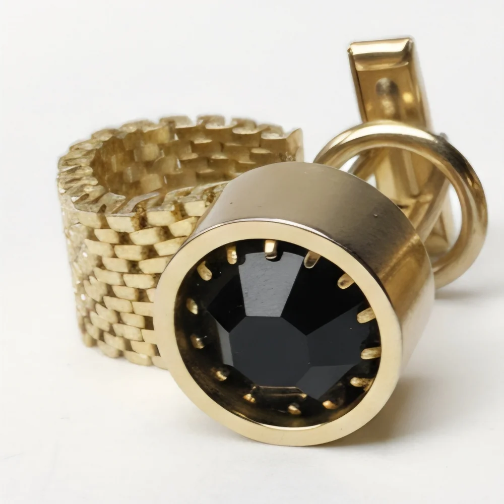 Cufflinks Black Glass Crystal Gold Tone Link Chain Clip Button Prong Set Formal